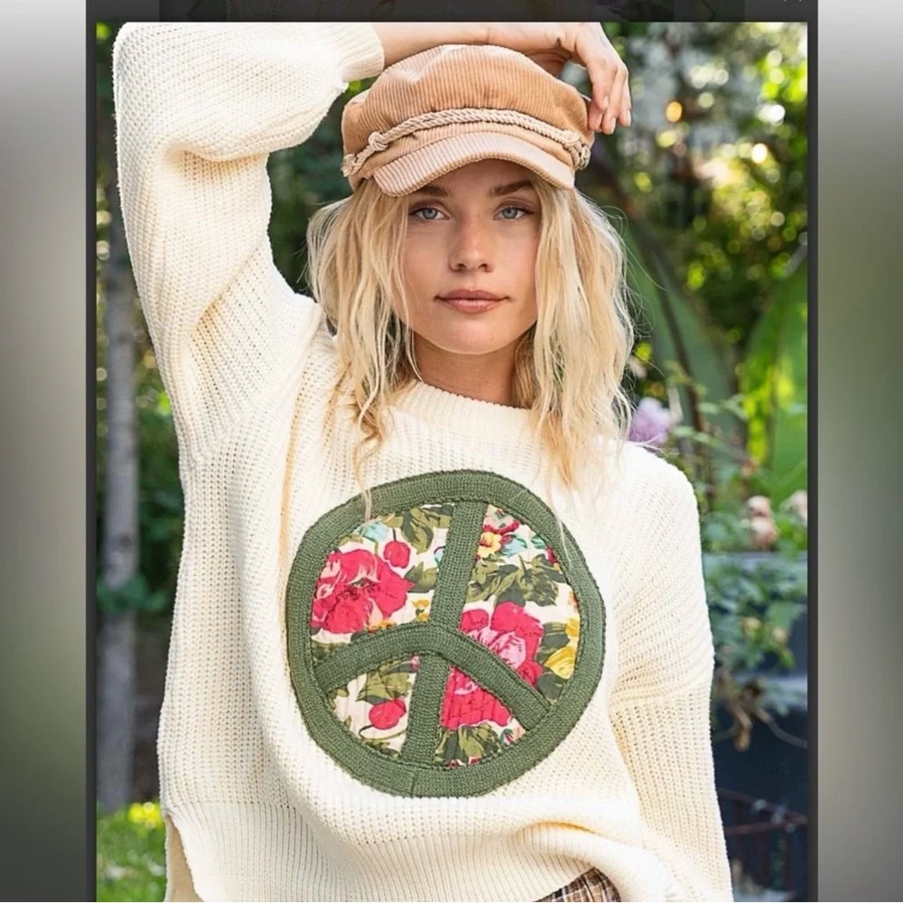 POL Cream Sweater with Green Peace Sign - Picture 3 of 8